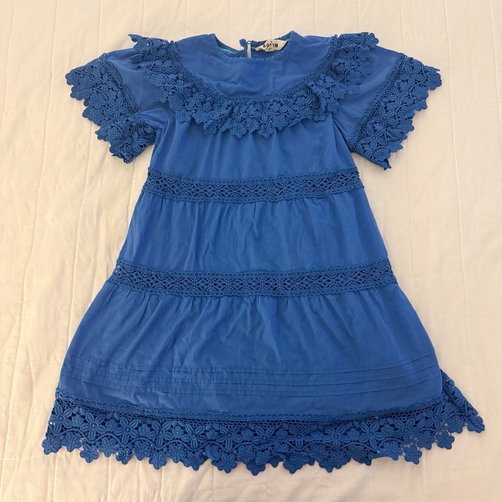 Mini Boden Girls 7-8 Dress Cabana Blue Lace Tiered Summer Sun Scallop Cotton‎